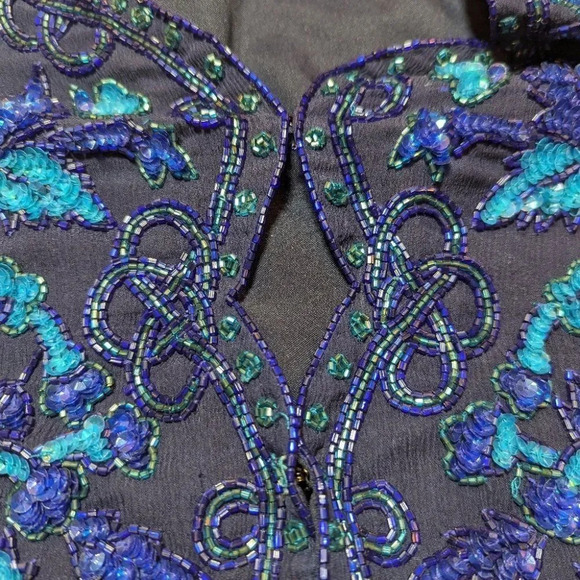 Vintage Frank Usher Blue 100% Silk Hand Beaded Blazer  Jacket Small Grandmacore - Picture 13 of 13